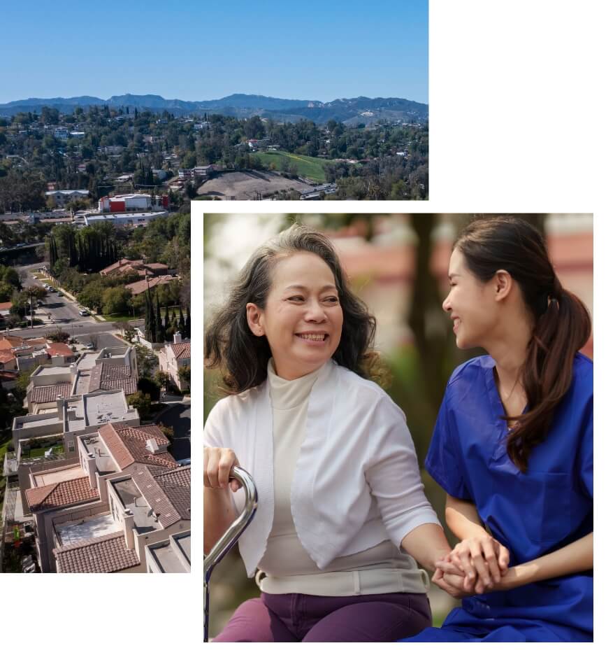 Caregiver with guest and aerial view of Woodland valley
